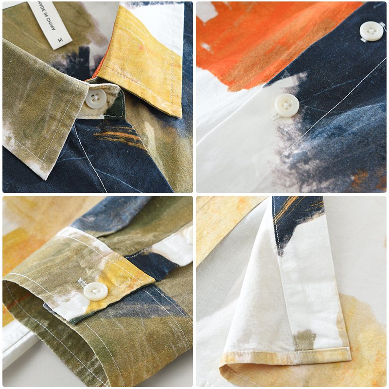 Four detail photos: the collar point, the button placket, a buttoned cuff and the hem.